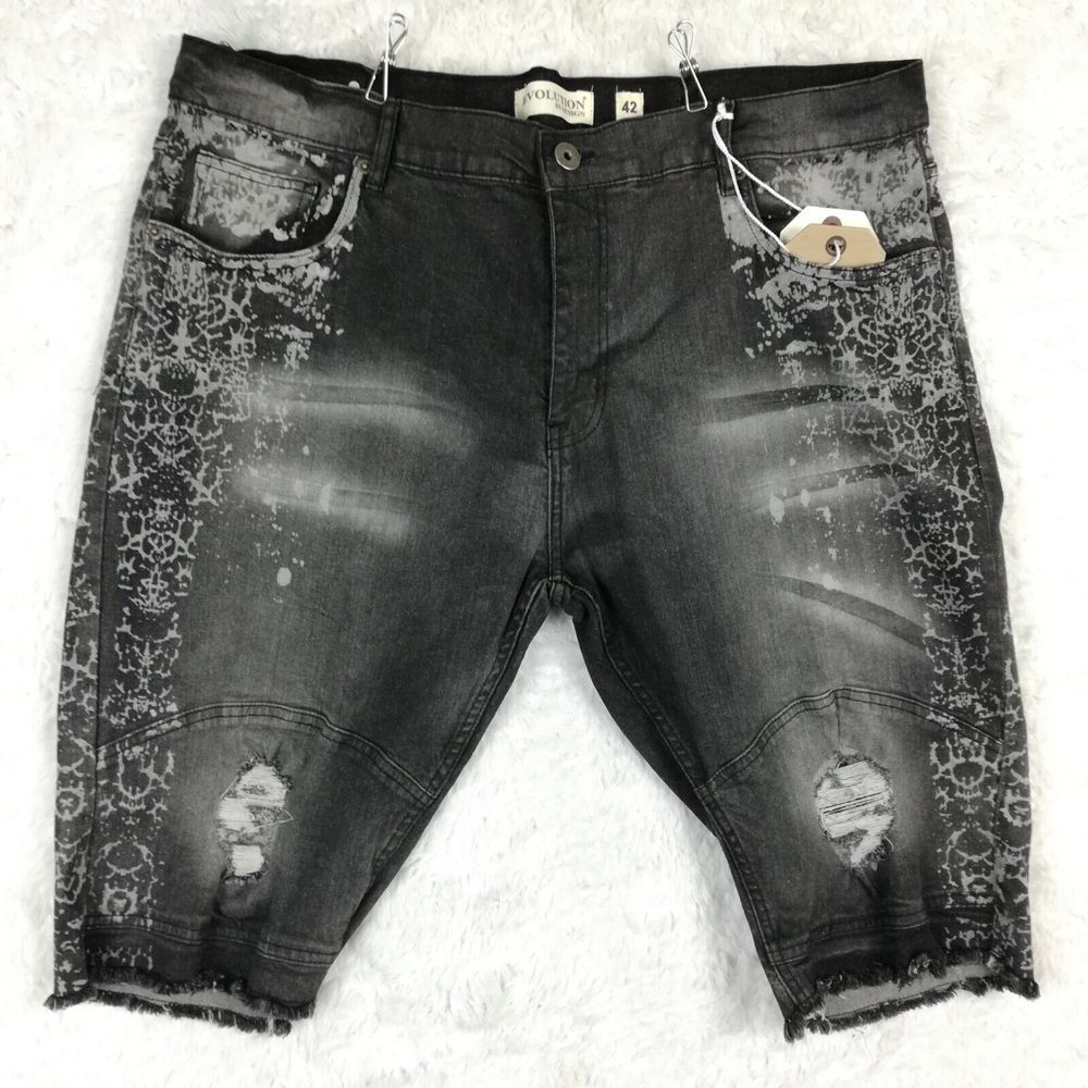 Evolution In Design Mens Shorts Denim Slim Acid Wash Black‎ Whiskering 42 New